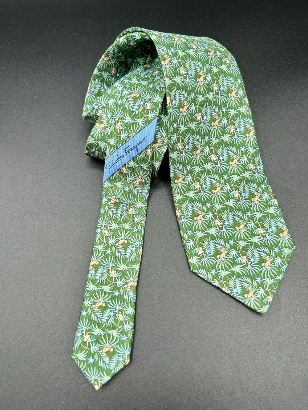 SALVATORE FERRAGAMO Silk Neck Tie - Tropical Jungle Leaf and Monkey motif.